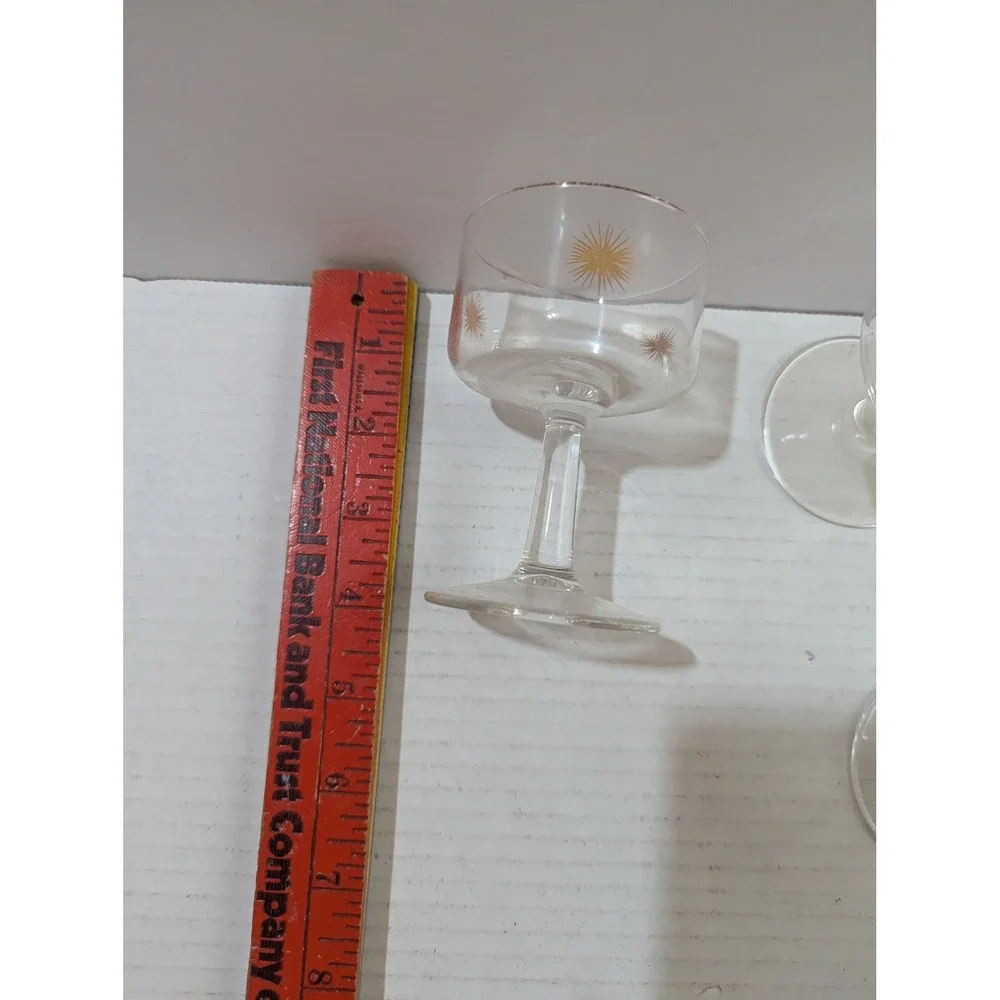 Vintage Mid Century Gold Atomic Starburst Coupe Champagne Glasses Set of 3